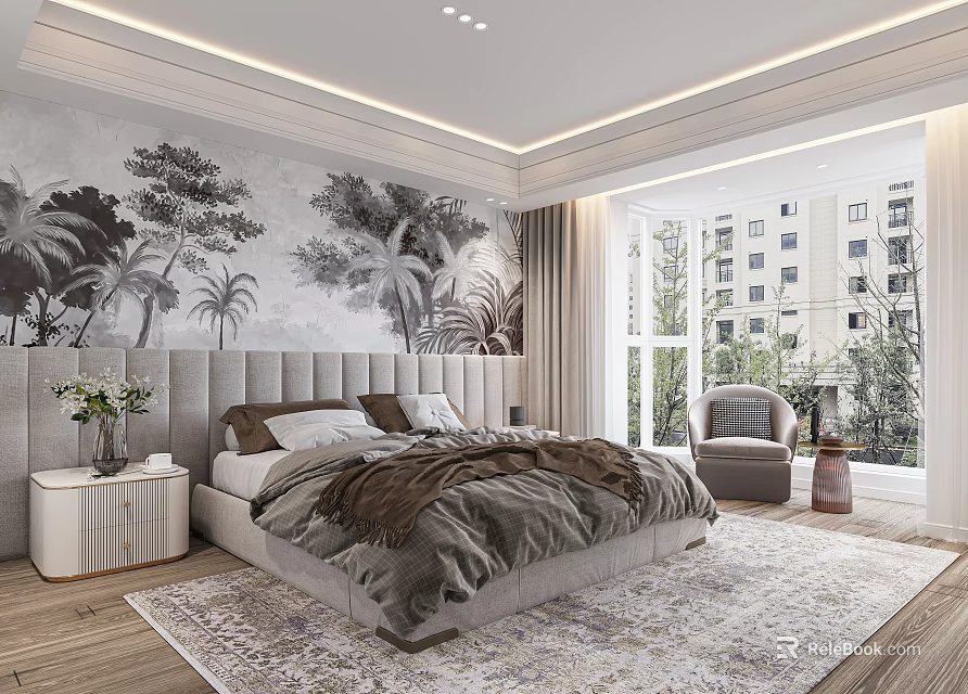 Cozy Bright Bedroom With Upholstered Headboard Palm Mural Wooden Floor And City View 3d model 