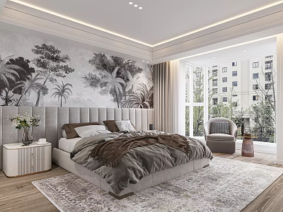 Cozy Bright Bedroom With Upholstered Headboard Palm Mural Wooden Floor And City View 3d model