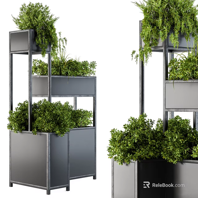 Bonsai Potted Plants on Gray Multi tiered Metal Shelves with Lush Green Foliage 3d model 
