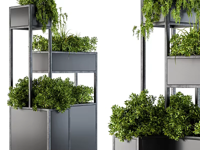 Bonsai Potted Plants on Gray Multi tiered Metal Shelves with Lush Green Foliage 3d model