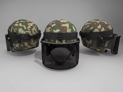 Three Camouflage Military Helmets With Black Face Shield And Straps 3d model