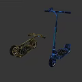 Two Electric Scooters Folded And Unfolded Black Blue Design With Wheels And Deck