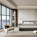 Elegant Modern Bedroom Interior Design With Large Window Gray Bed Wardrobe And Chair