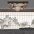 Hotel Lobby Interior Design With Grand Chandelier Landscape Screen And Marble Floor