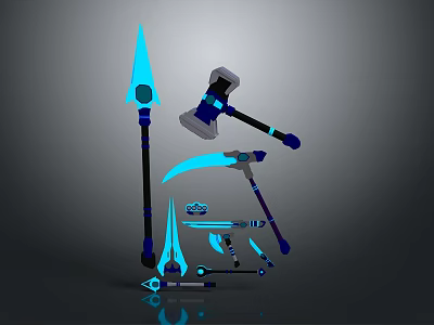 Futuristic Sci Fi Weapon Set With Glowing Blue Spear Hammer Sickle And Dagger 3d model