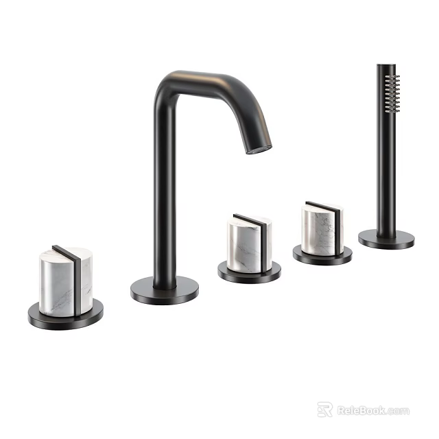 Modern Bathroom Accessories Set With Black Faucet And Silver Handles 3d model 