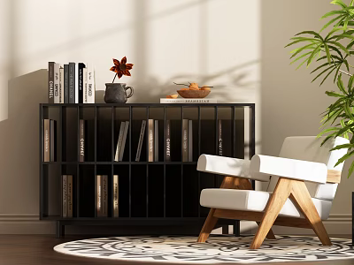 Modern Black Bookshelf With Open Shelves White Armchair Red Flower And Potted Plant 3d model