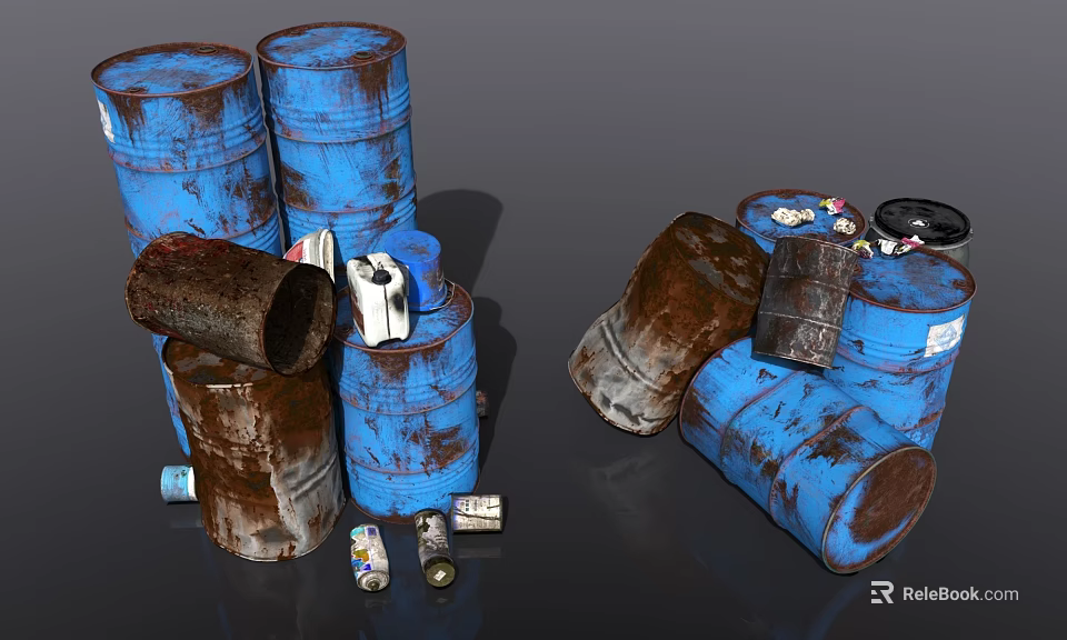 Rusty Blue Barrels with Trash Cans And Bottles Scattered Around 3d model