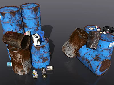 Rusty Blue Barrels with Trash Cans And Bottles Scattered Around 3d model