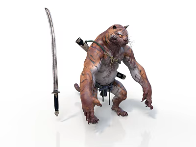 Humanoid Tiger Standing With Tattoos Carrying Swords And Long Blade Nearby 3d model