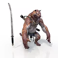 Humanoid Tiger Standing With Tattoos Carrying Swords And Long Blade Nearby
