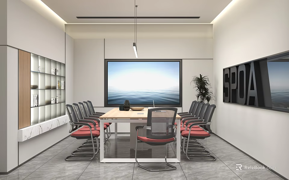 Modern Conference Room Interior with Large Ocean Screen Red Chairs Wooden Table and Potted Plant 3d model 