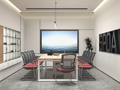 Modern Conference Room Interior with Large Ocean Screen Red Chairs Wooden Table and Potted Plant 3d model