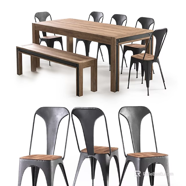 Wooden Dining Table Set With Metal Frame Chairs And Wooden Bench 3d model 