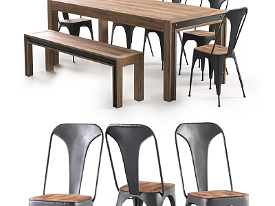 Wooden Dining Table Set With Metal Frame Chairs And Wooden Bench 3d model