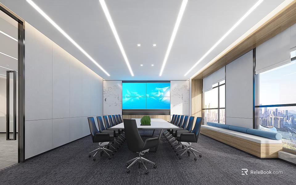 Modern Conference Room Featuring Large Screen Meeting Table Chairs and Windows 3d model