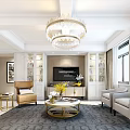 Elegant Modern Living Room Interior With Gray Sofa Round Coffee Table And Crystal Chandelier