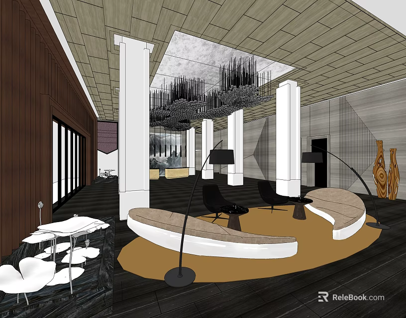 Elegant Modern Hotel Lobby Interior With Chandelier White Columns And Curved Sofa 3d model 