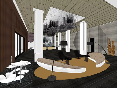 Elegant Modern Hotel Lobby Interior With Chandelier White Columns And Curved Sofa 3d model