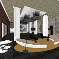 Elegant Modern Hotel Lobby Interior With Chandelier White Columns And Curved Sofa