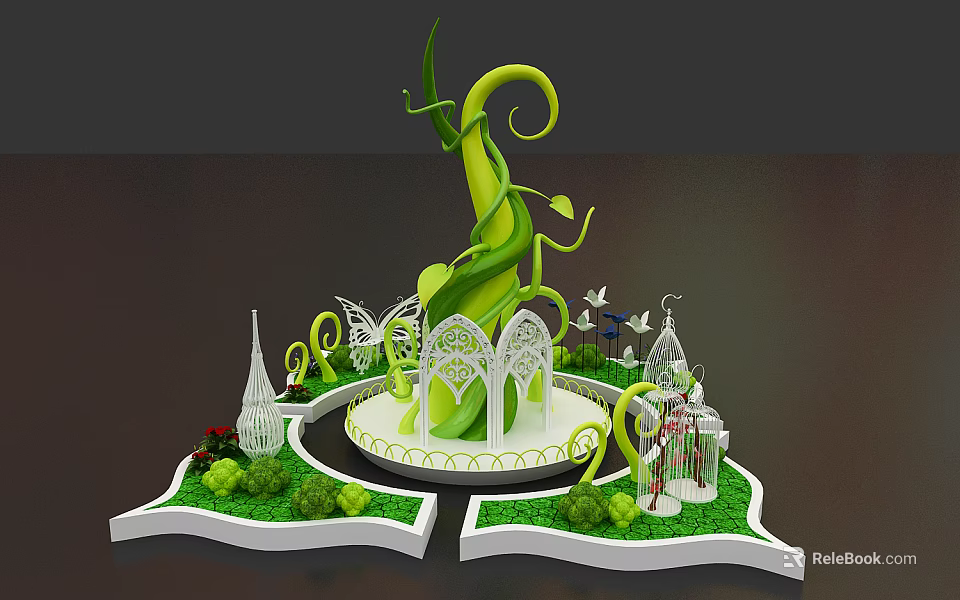 Floral Art Installation with Spiraling Green Vines White Decorative Structures and Grass Base 3d model