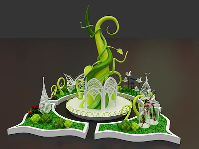 Floral Art Installation with Spiraling Green Vines White Decorative Structures and Grass Base 3d model