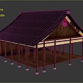 Traditional Ancient Building With Dark Tiled Roof And Curved Wooden Eaves Structure