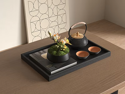 Elegant Tea Set with Teapot Teacups on Black Tray Wooden Table and Small Plant 3d model