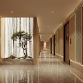 Elegant Elevator Hallway Design With Waterfall Feature Small Tree Marble Flooring And Warm Lighting 3d model