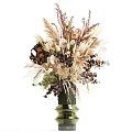 Natural Dried Flower Arrangement In Green Glass Vase With Beige Brown Blooms And Leaves