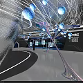 Futuristic Tech Exhibition Hall With Blue Light Orbs And Interactive Digital Installations 3d model