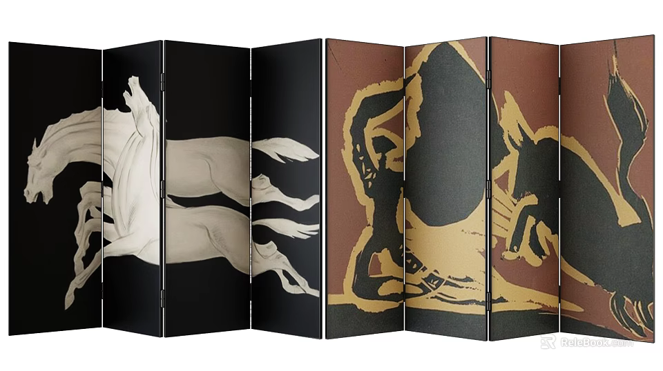Multi Panel Folding Screen With Artistic Horse And Figure Prints 3d model