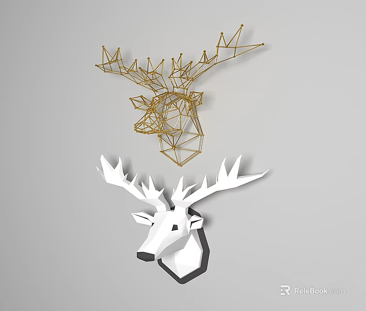 Geometric Gold And 3D White Deer Head Wall Decor For Home Decoration 3d model 