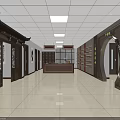 Traditional Chinese Style Hall With Wooden Decor Counter Bookshelves And Bright Lighting