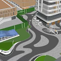 Modern Commercial Landscape With Tall Building Plaza Greenery Palm Trees Pathways And Pedestrians