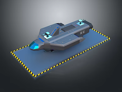 Futuristic Gray Vehicle Model With Blue Cockpit On Blue Platform With Yellow Black Stripes 3d model