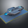 Futuristic Gray Vehicle Model With Blue Cockpit On Blue Platform With Yellow Black Stripes
