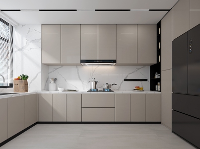 Modern Kitchen Simple Kitchen Cabinet Hanging Cabinet Kitchen Water Heater Kitchen Cabinet Kitchenware Kitchen Minimalist Kitchen Creamy Kitchen Double Door Refrigerator 3d model