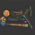 Traditional Decorative Items Collection with Round Emblems Feather Arrows And Colorful Striped Rods