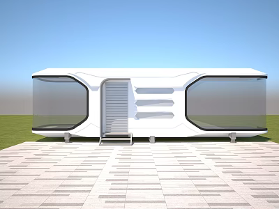Modern White Container Building with Large Glass Windows Stairs on Grass Lawn and Paved Ground 3d model
