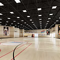Spacious Indoor Basketball Gym With Wooden Court Scoreboard And Bleachers