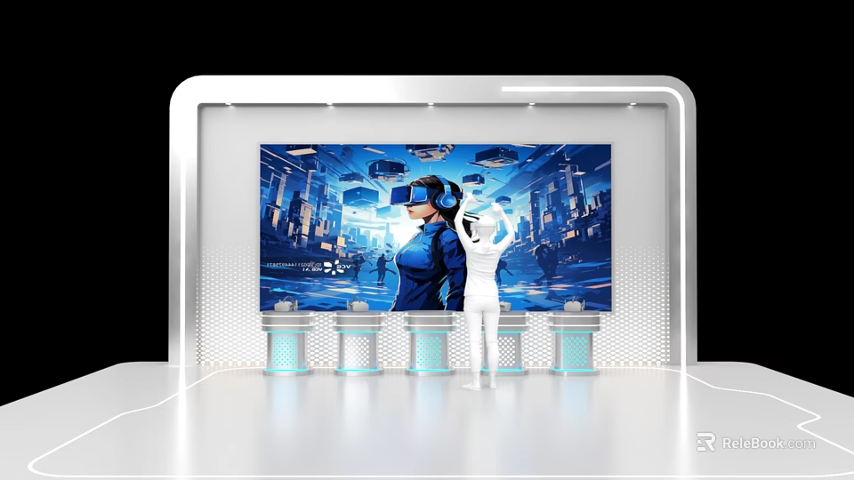 Interactive Digital Zone With VR Headset Large Display Screen And Control Stations 3d model 