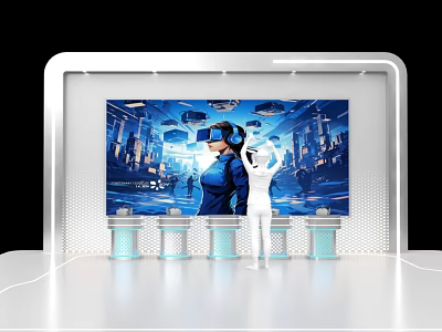 Interactive Digital Zone With VR Headset Large Display Screen And Control Stations 3d model