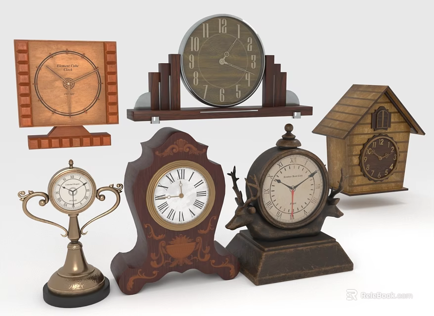 Vintage And Antique Wooden Table Clocks With Various Decorative Ornate Designs 3d model 