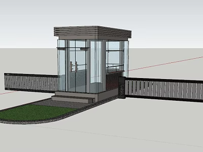 Modern Security Booth With Glass Walls Railing And Outdoor Grass Area 3d model