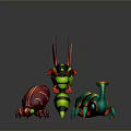 Vibrant Red Green Blue Fantasy Animal Figurines With Long Antennae And Shiny Carapaces