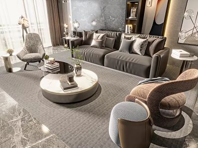 Elegant Modern Sofa Coffee Table Set With Gray Upholstery Round Marble Top And Decorative Pillows 3d model