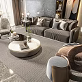 Elegant Modern Sofa Coffee Table Set With Gray Upholstery Round Marble Top And Decorative Pillows