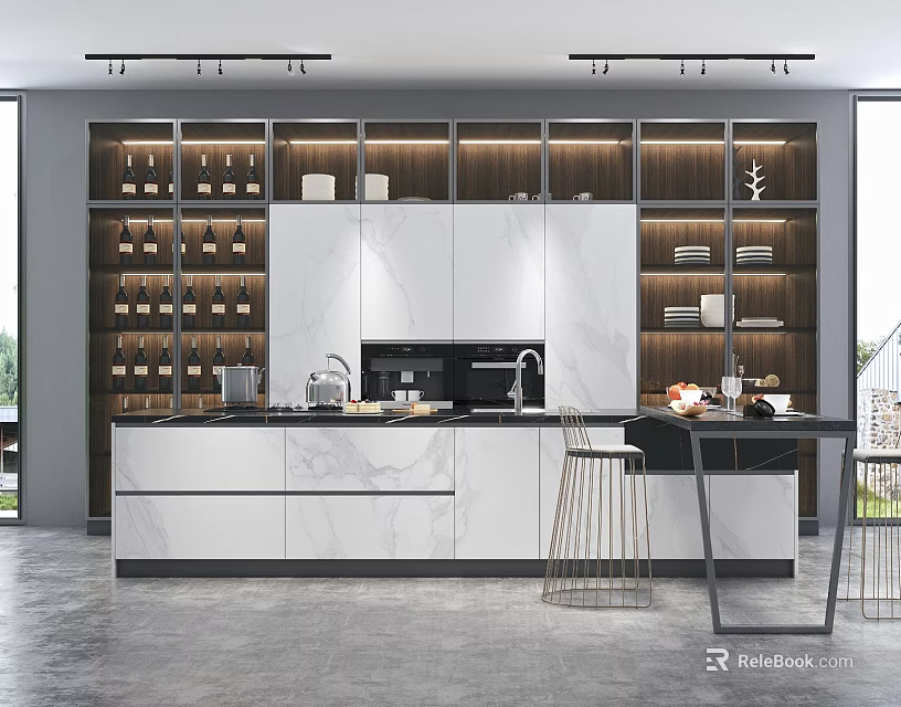 Modern Kitchen Interior Featuring White Cabinets Marble Island And Wooden Shelves 3d model 
