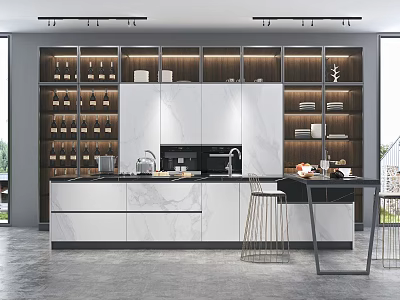 Modern Kitchen Interior Featuring White Cabinets Marble Island And Wooden Shelves 3d model